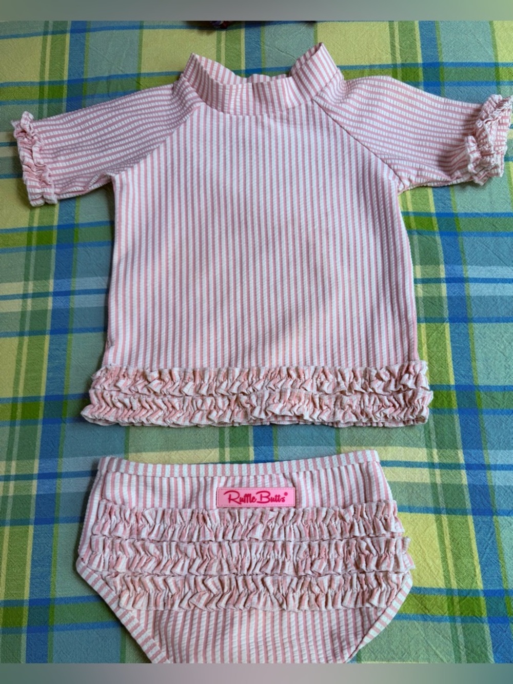 Ruffle Butts Pink/White Seersucker Swimsuit 2T & Matching Terry Swim Cover 3T